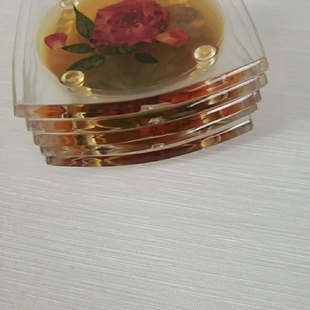 VTG 5 Clear Lucite Acrylic Coasters Pressed Flowers Clover Romantic Cottage MCM